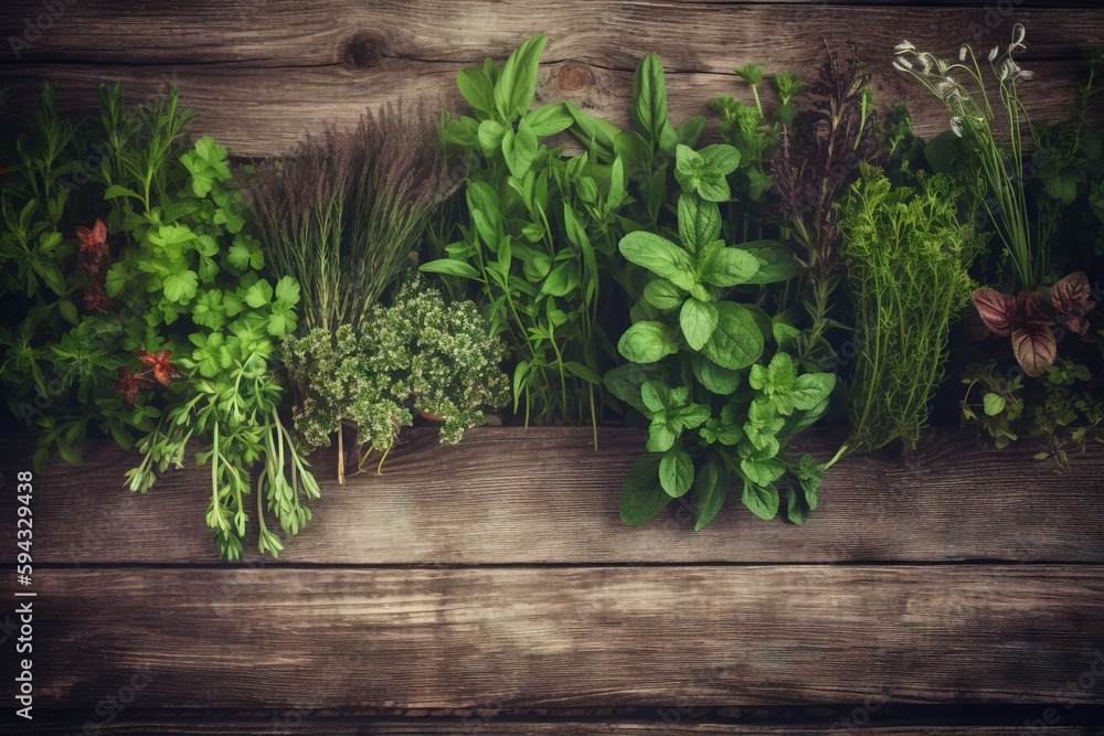  a bunch of different types of herbs on a wooden table with a brown background and a few green plant