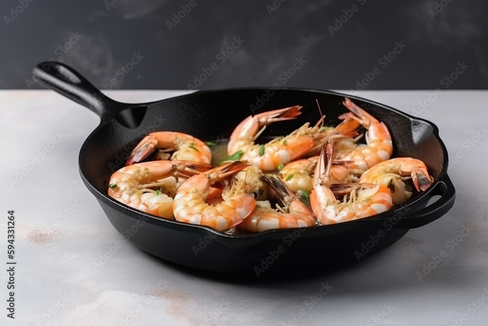  a skillet filled with cooked shrimp on a counter top with a black spatula on the side of the skille