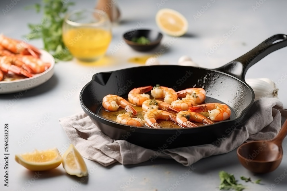  a skillet filled with cooked shrimp and garnished with parsley and lemon wedges on a gray table wit