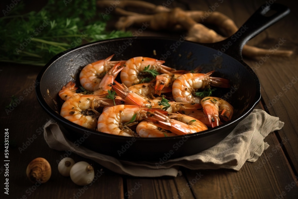  a skillet filled with cooked shrimp on top of a wooden table next to garlic and parsley on the side