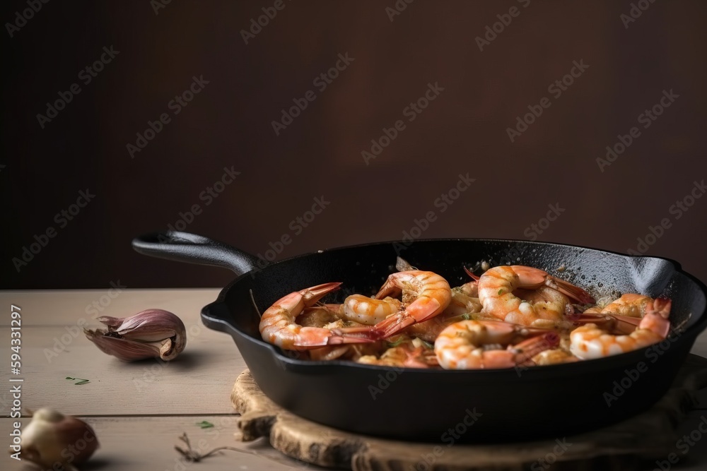  a skillet with shrimp and garlic on a wooden table next to garlic and garlic cloves on a wooden boa