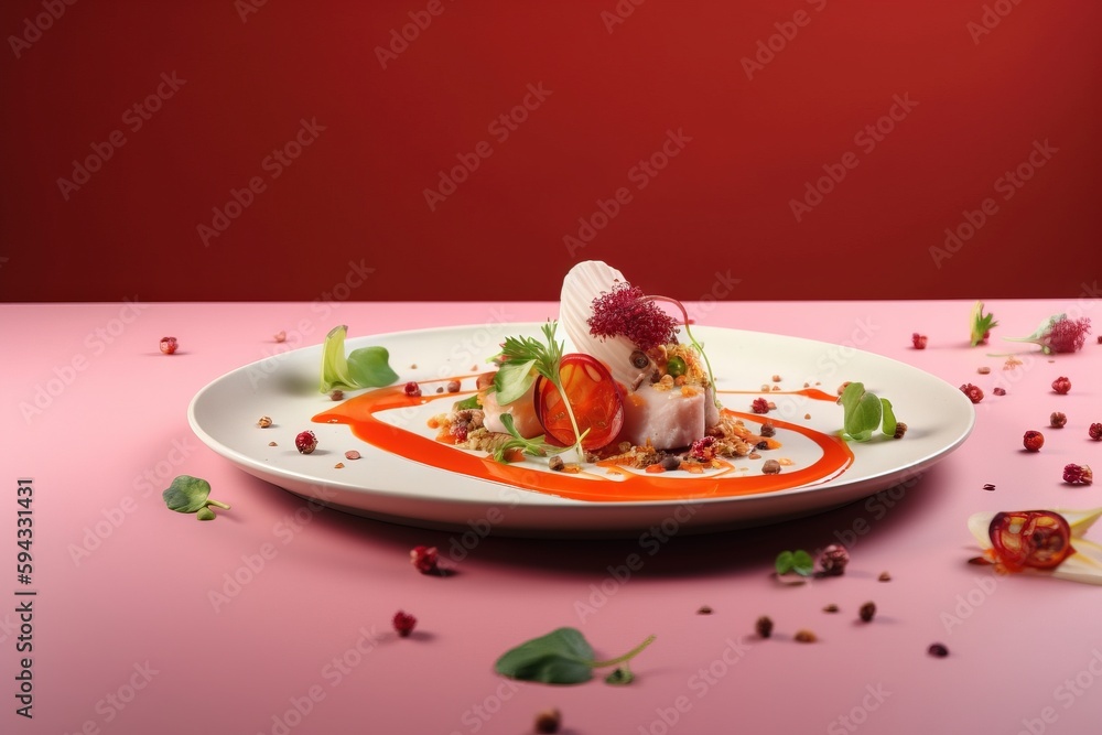  a white plate topped with a dessert covered in fruit and veggies on a pink tablecloth covered with 