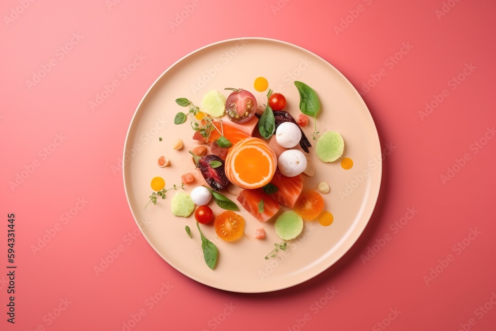 a white plate topped with a salad and an orange on top of a pink tablecloth covered in leaves and f
