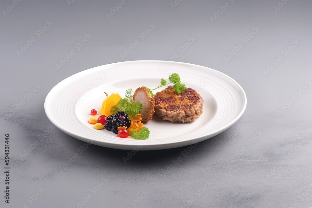  a white plate topped with a piece of meat next to a pile of fruit and veggies on top of a gray tabl
