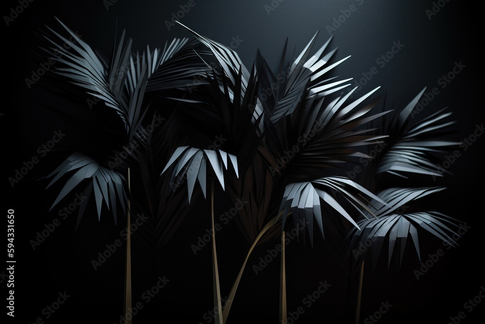  a black and white photo of palm trees in the dark night sky with a full moon in the distance behind