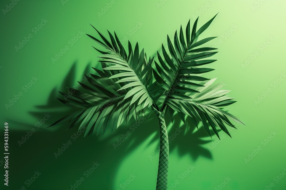  a palm tree casts a shadow on a green wall with a shadow of a palm tree on the right side of the im