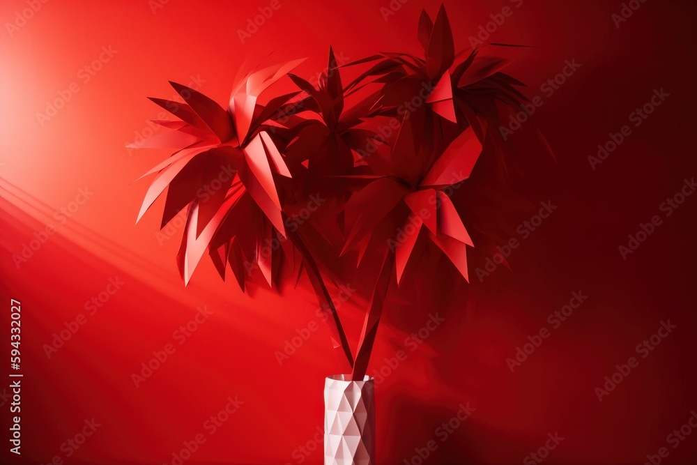  a white vase filled with red flowers on a red background with a shadow of the vase on the wall behi