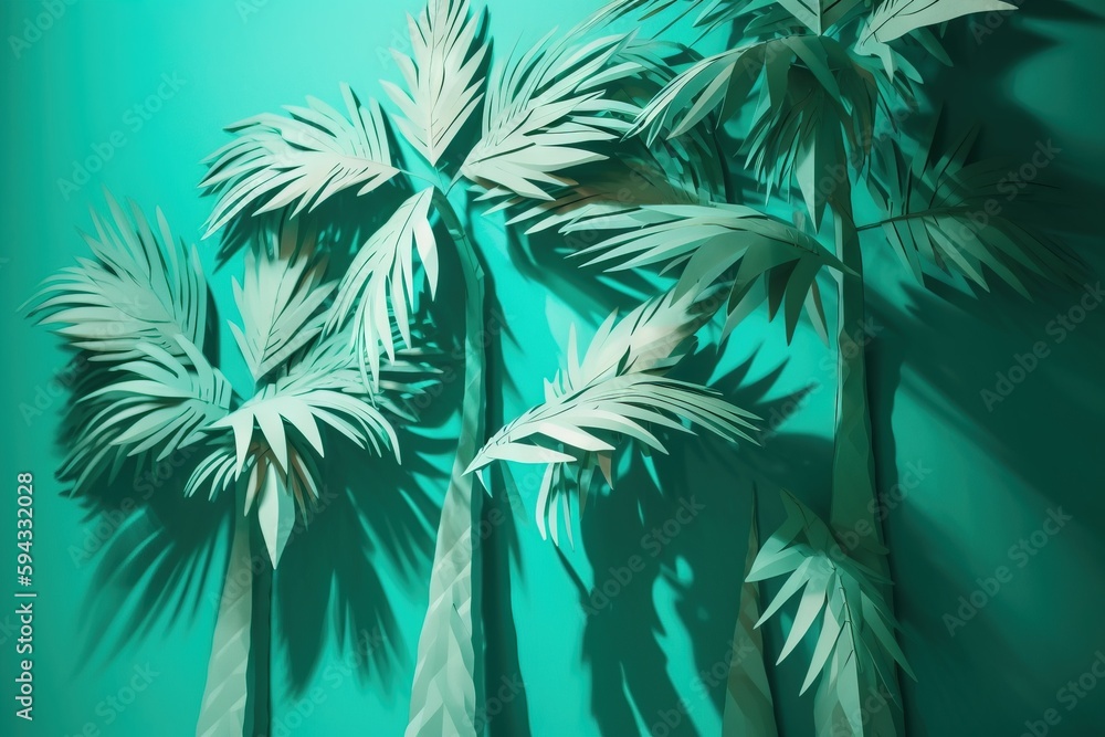  a painting of three palm trees against a green wall with shadows on the wall and a green wall behin