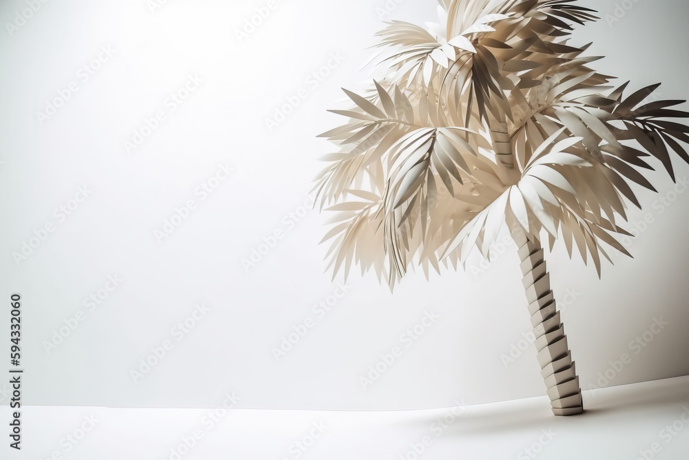  a palm tree is shown in a white room with a white wall behind it and a black and white striped vase