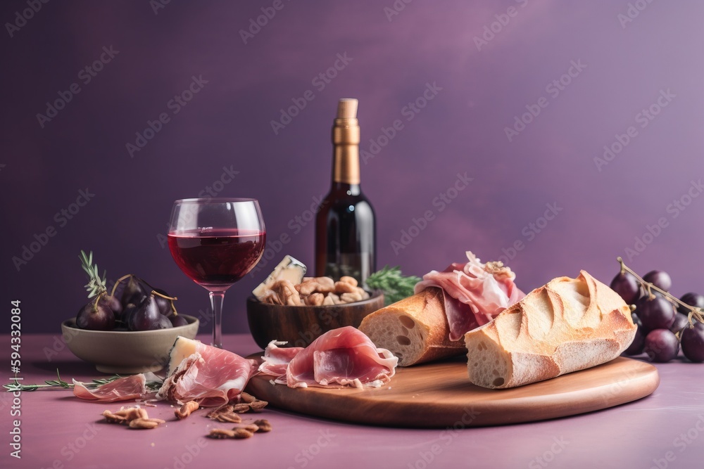  a wooden cutting board topped with meat and cheese next to a glass of wine and a bottle of wine and