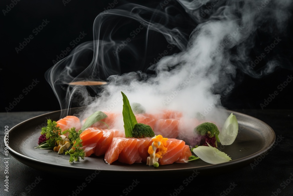  a plate of sushi with smoke coming out of the top of it on a black table with a black background an