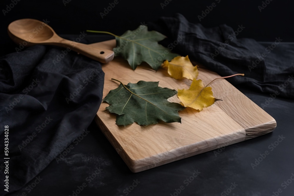  a wooden cutting board topped with leaves and a wooden spoon on a black cloth covered tablecloth ne