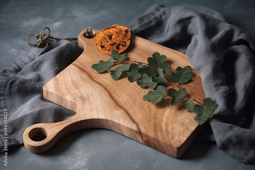  a wooden cutting board topped with leaves and a cookie on top of a cloth next to a pair of scissors