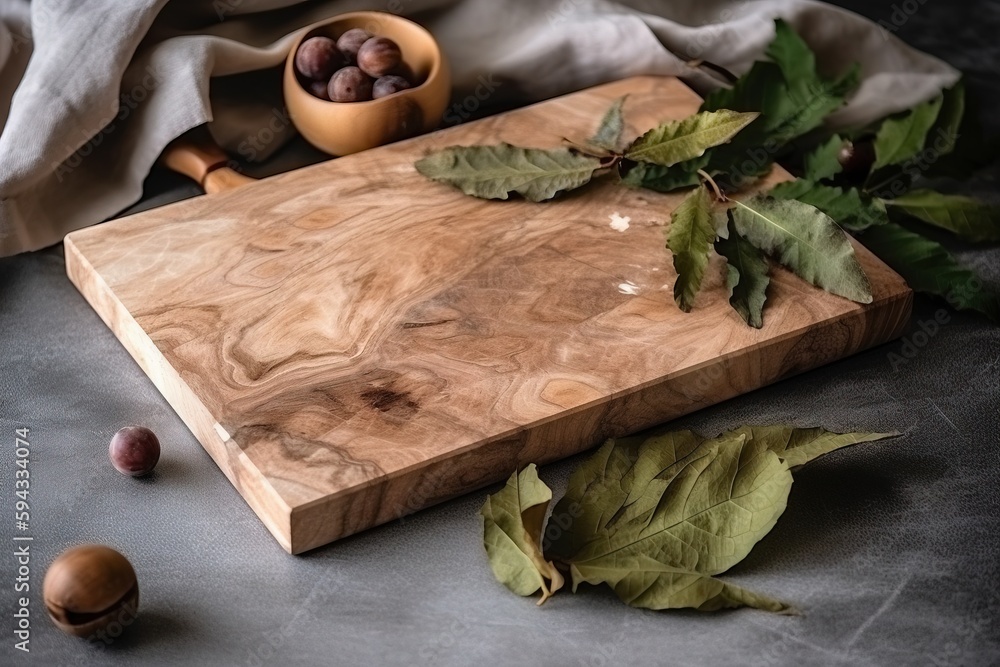  a cutting board with leaves and nuts on a table next to a bowl of nuts and a cloth on a tablecloth 