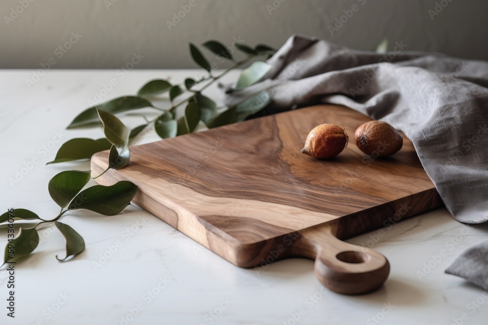  a wooden cutting board with two nuts on top of it next to a cloth and a plant on a table with a gra