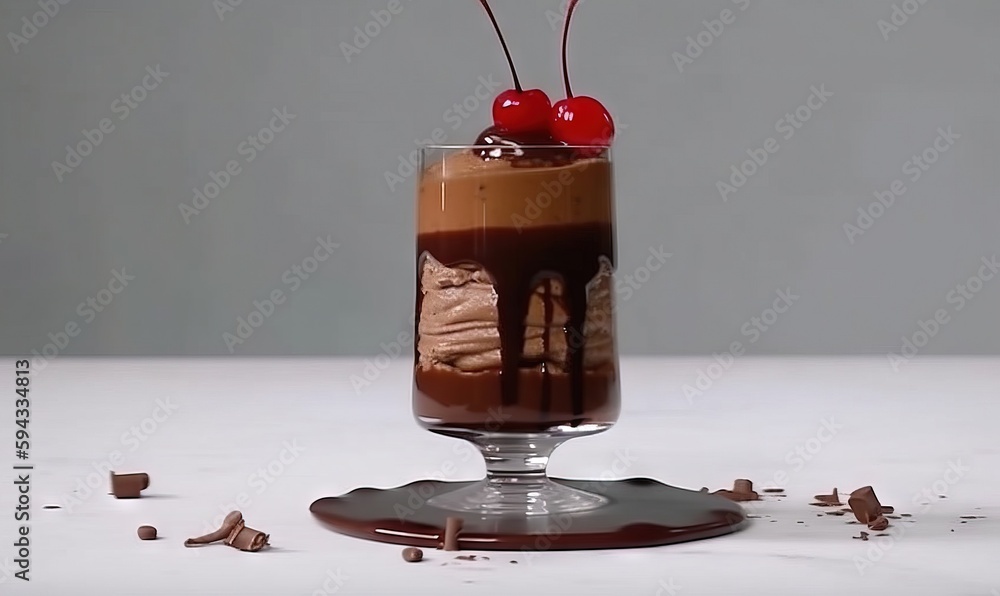  a chocolate dessert with cherries on top of a glass of milkshake with chocolate chips scattered aro