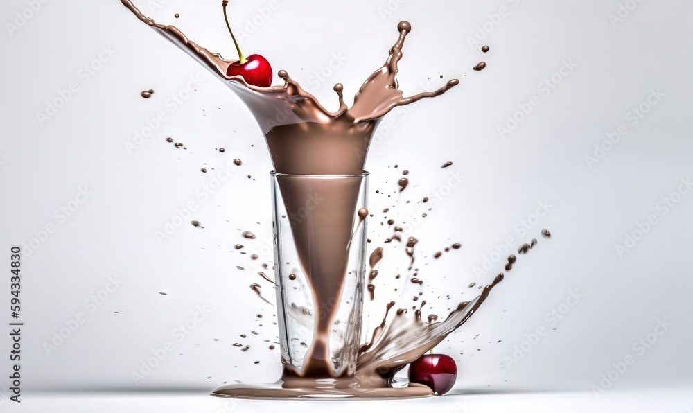  a glass filled with chocolate and cherries splashing into the water with chocolate splashing out of