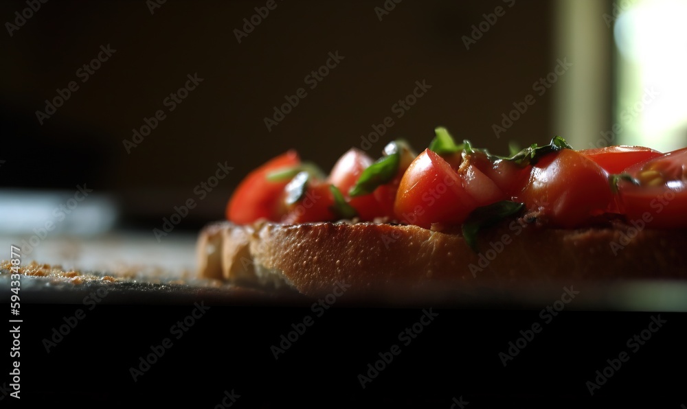  a close up of a sandwich with tomatoes and basil on top of it, on a counter top, with a blurry back