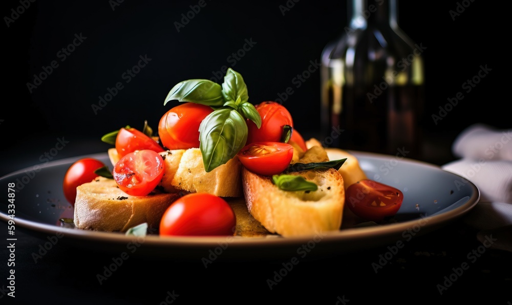  a plate of food with tomatoes, bread, and basil on it next to a bottle of wine and a napkin on the 
