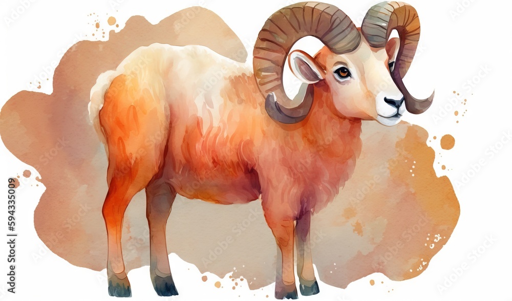  a watercolor painting of a ram with long horns and curled horns, standing in front of a watercolor 