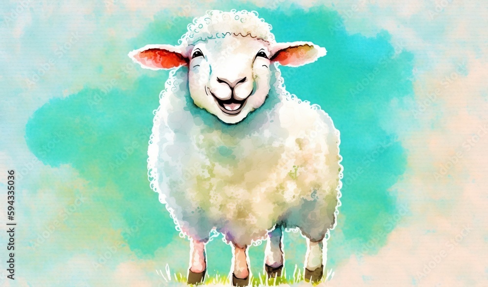  a painting of a sheep standing in a field of grass with a blue sky in the background and a green sk