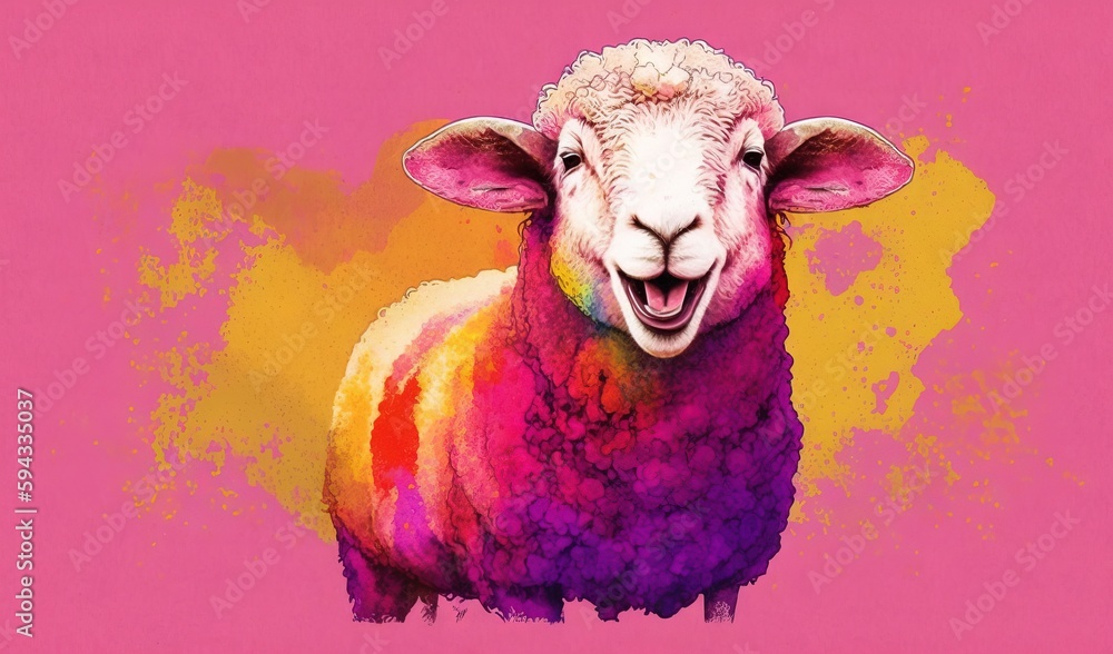  a colorful sheep with its mouth open on a pink and yellow background with a splash of paint on its