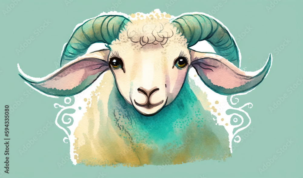  a painting of a ram with a blue background and a white border around the rams head and the rams h