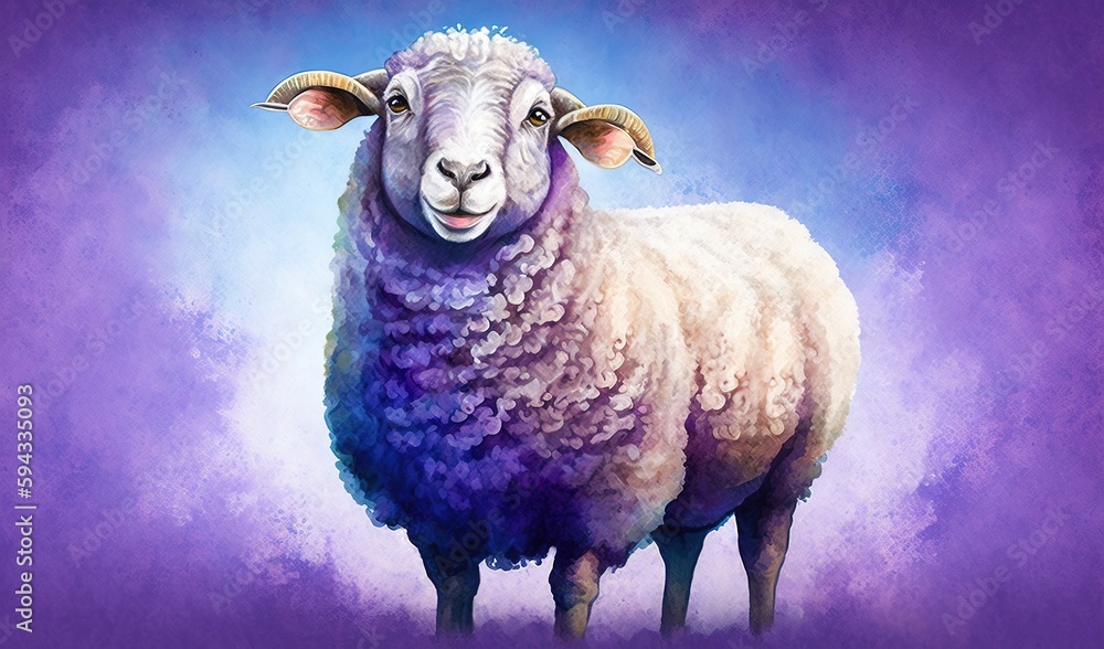  a painting of a sheep standing in a purple room with a purple background and a blue sky in the back