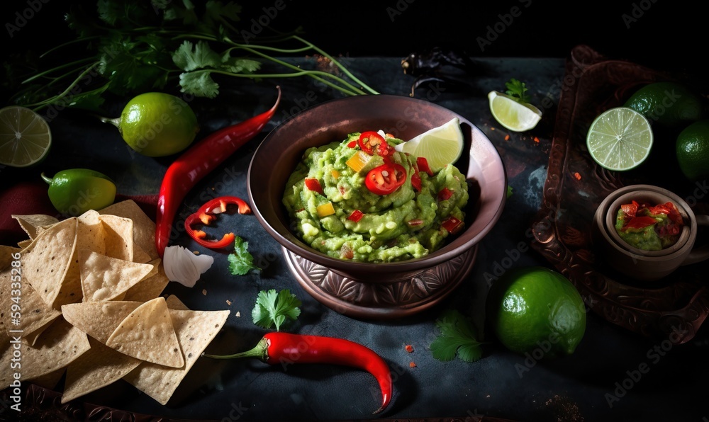  a bowl of guacamole surrounded by limes, chili peppers, and tortilla chips on a table with limes an