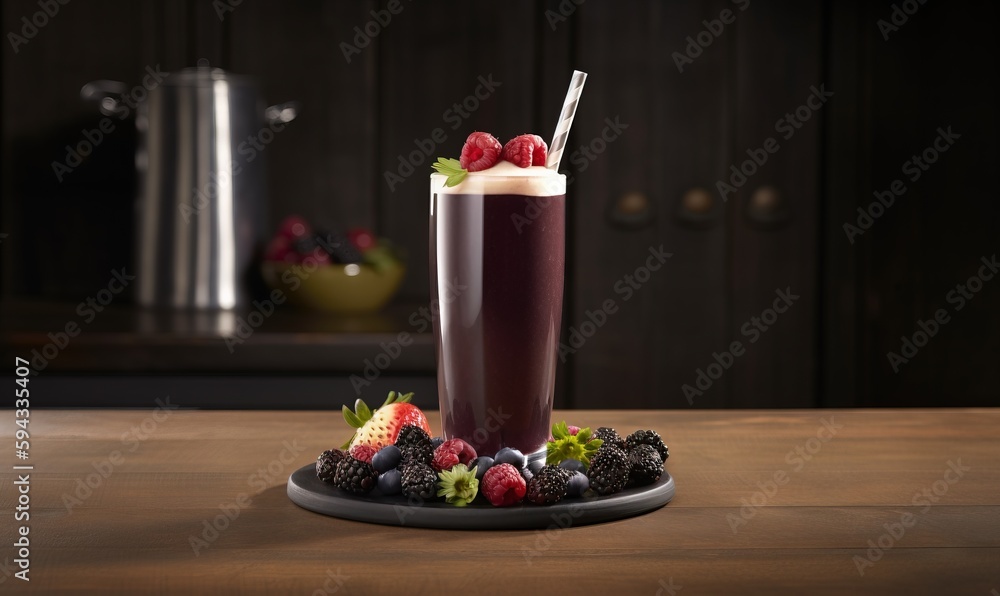  a drink with strawberries, raspberries, and cream in a tall glass on a plate on a wooden table in a