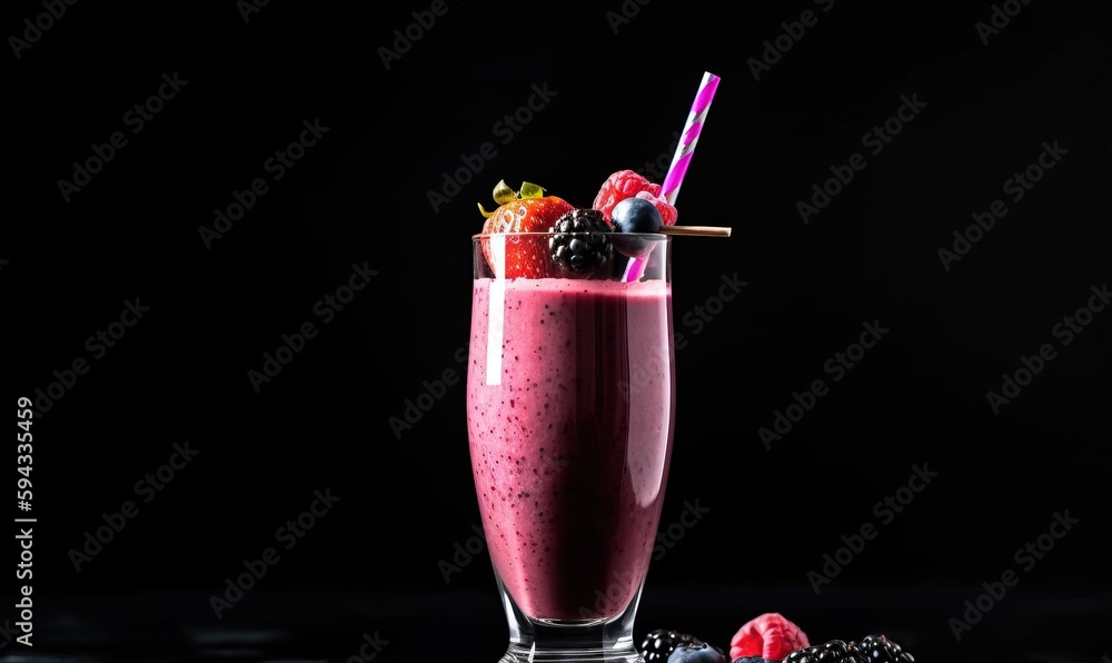 a smoothie with berries and strawberries in a glass with a straw and a straw in the glass on a blac