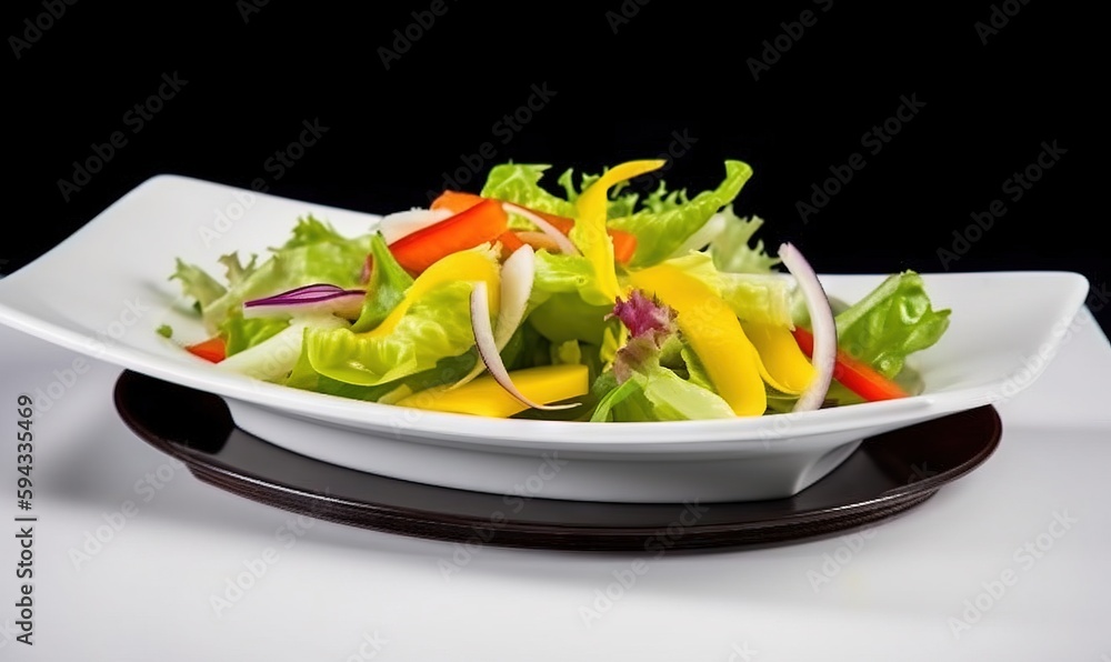  a white plate topped with a salad on top of a table next to a white tablecloth and a black backgrou