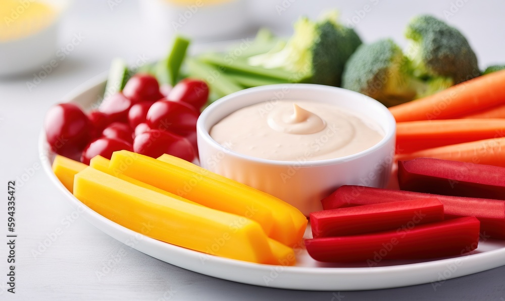  a plate with carrots, broccoli, celery, peppers, and a dip on it with a small bowl of dip in the mi