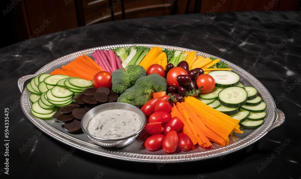  a platter of vegetables and dips on a black table top with a black table cloth and a black table cl