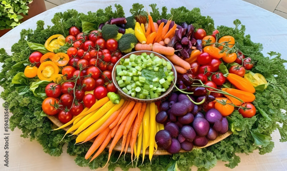 a platter filled with lots of different types of vegetables on a white tablecloth with a white tabl