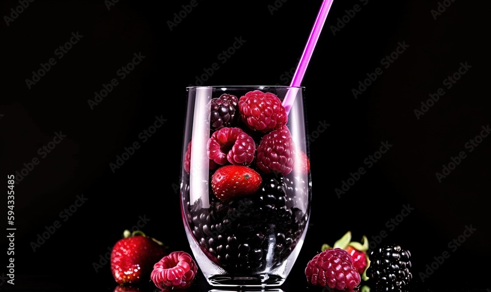  a glass filled with raspberries and blackberries next to a purple strawberries and raspberries on a