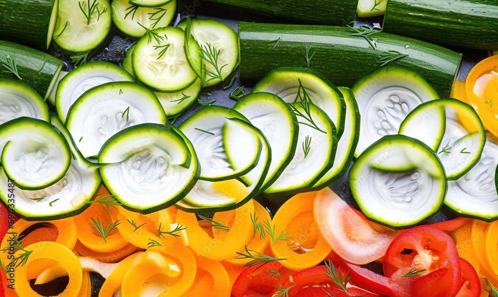  cucumbers, tomatoes, and other vegetables are arranged on a cutting board with a dill on top of the
