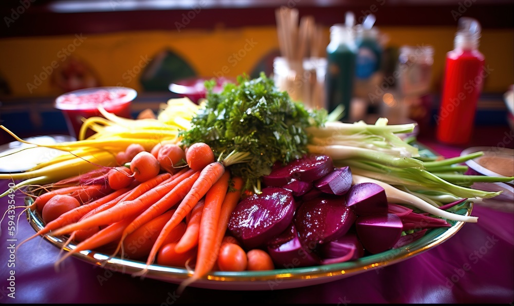  a platter of carrots, celery, onions, and other veggies on a purple tablecloth with a red table clo