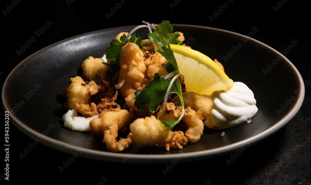  a plate of food that includes cauliflower and a lemon wedge on a black tablecloth with a black back