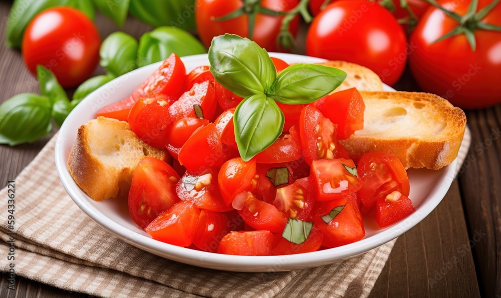  a bowl of tomatoes and bread with basil on a napkin next to a bunch of tomatoes and basil on a wood