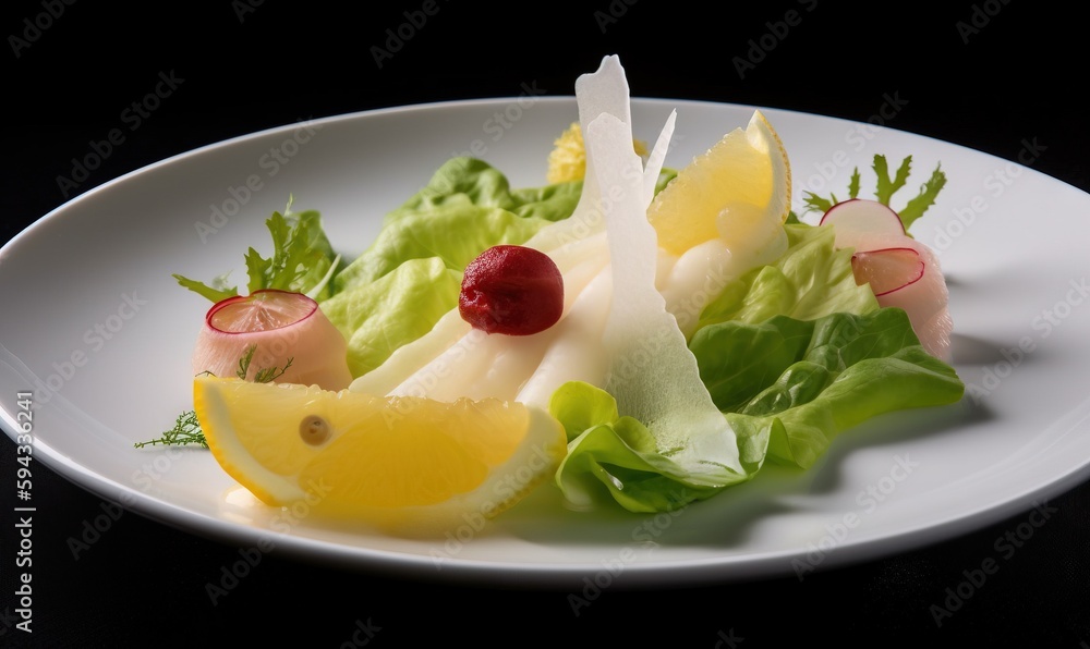  a white plate topped with a salad covered in fruit and veggies and garnished with garnishes and a c