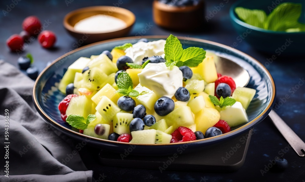  a bowl of fruit salad with yogurt and blueberries on a black table with a spoon and a cup of yogurt