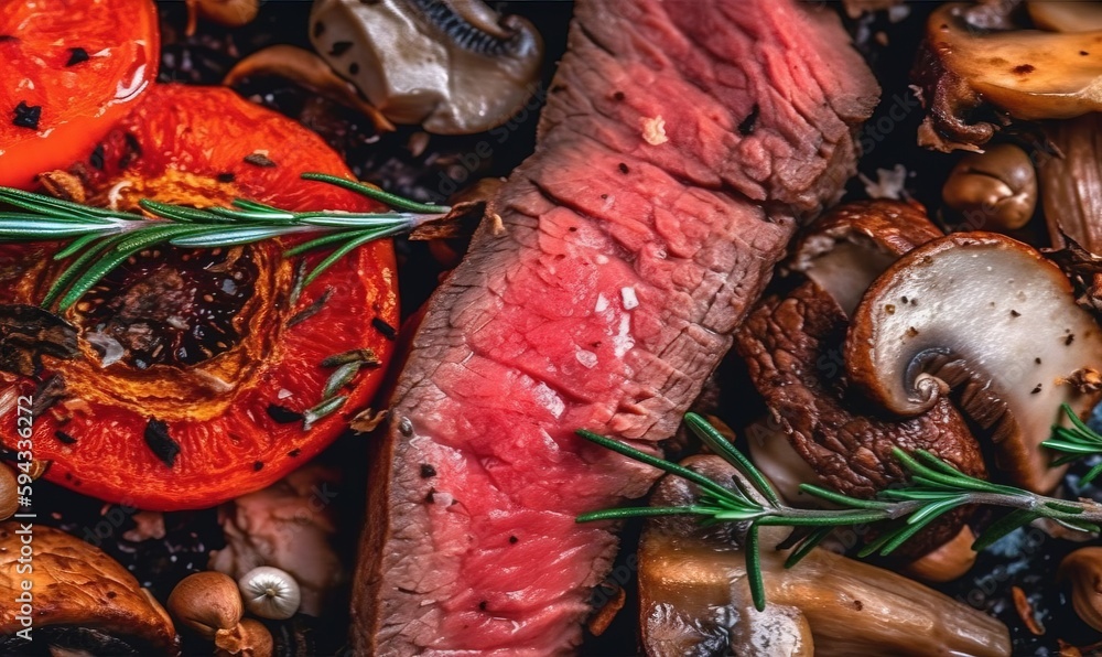  a close up of a steak with mushrooms and tomatoes on the side of the steak is surrounded by mushroo