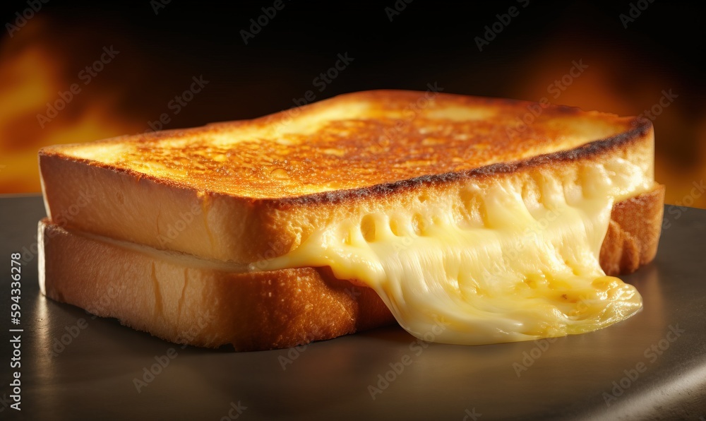  a grilled cheese sandwich with a bite taken out of the middle of it on a black plate with a flame i