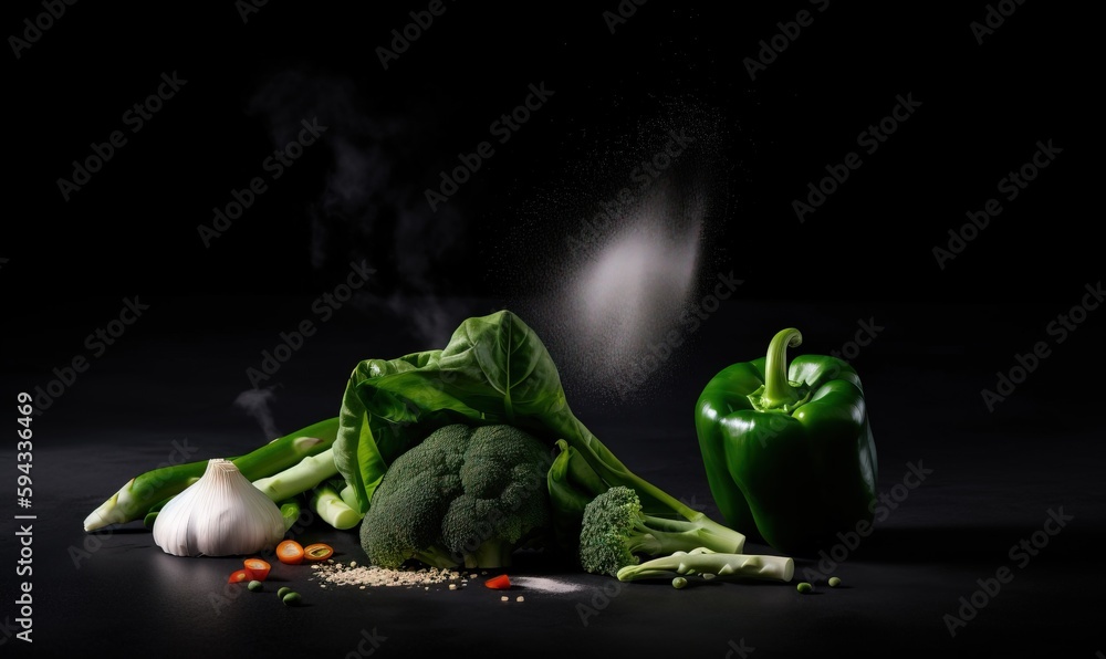  broccoli, peppers, and other vegetables are on a black surface with steam coming out of the top of 