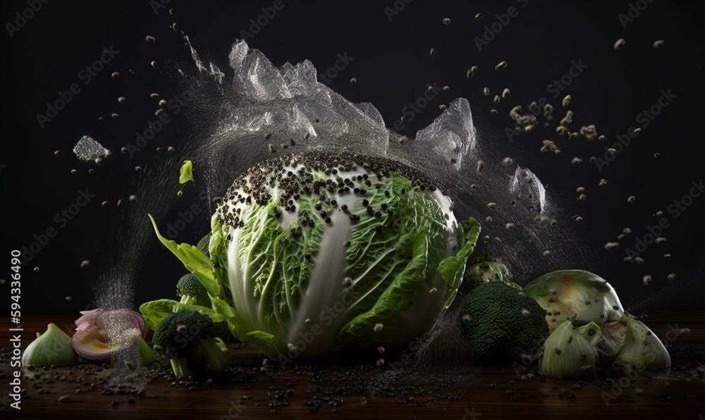 a head of lettuce is sprinkled with salt and pepper on a black background with other vegetables and