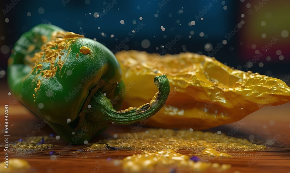  a yellow and green pepper sitting on top of a wooden table next to a pile of gold flakes on top of 