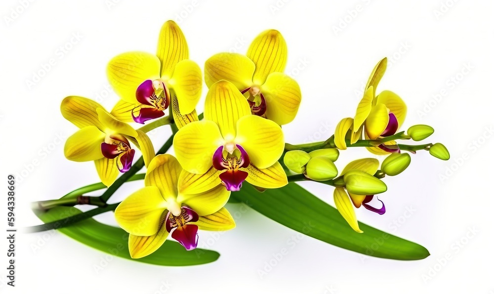  a bouquet of yellow orchids on a white background with a green stem and purple and red flowers in t