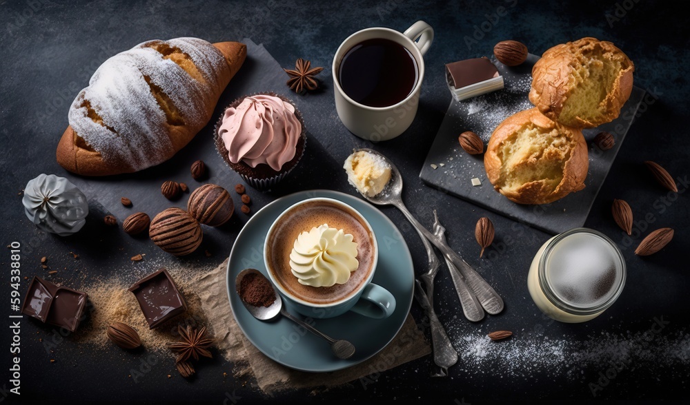  a cup of coffee and some pastries on a table with a spoon and spoon rest on a plate next to a cup o