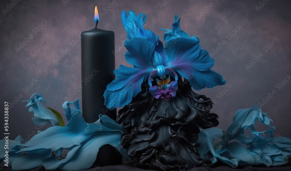  a candle and a blue flower on a black table cloth with a candle in the middle of the photo and a bl
